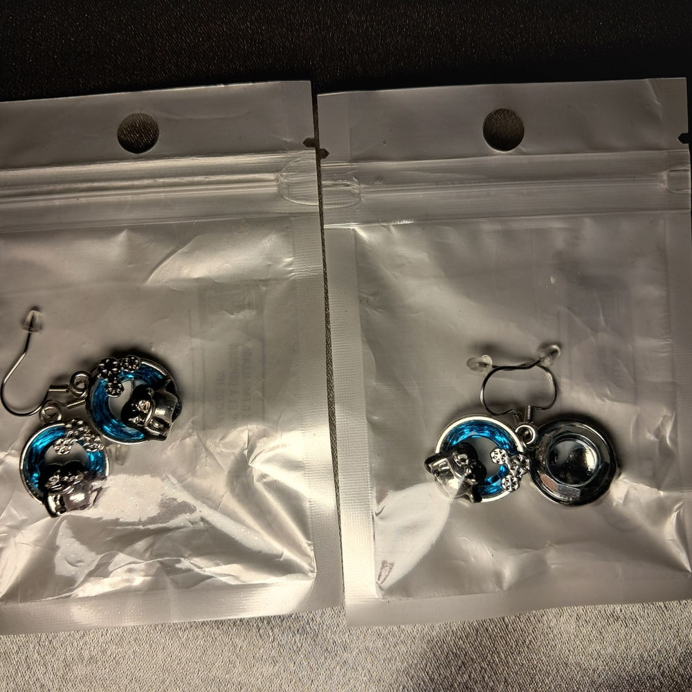 Cute Silvertone Cat & Dog Earrings w/ Blue Enamel - Picture 1 of 6